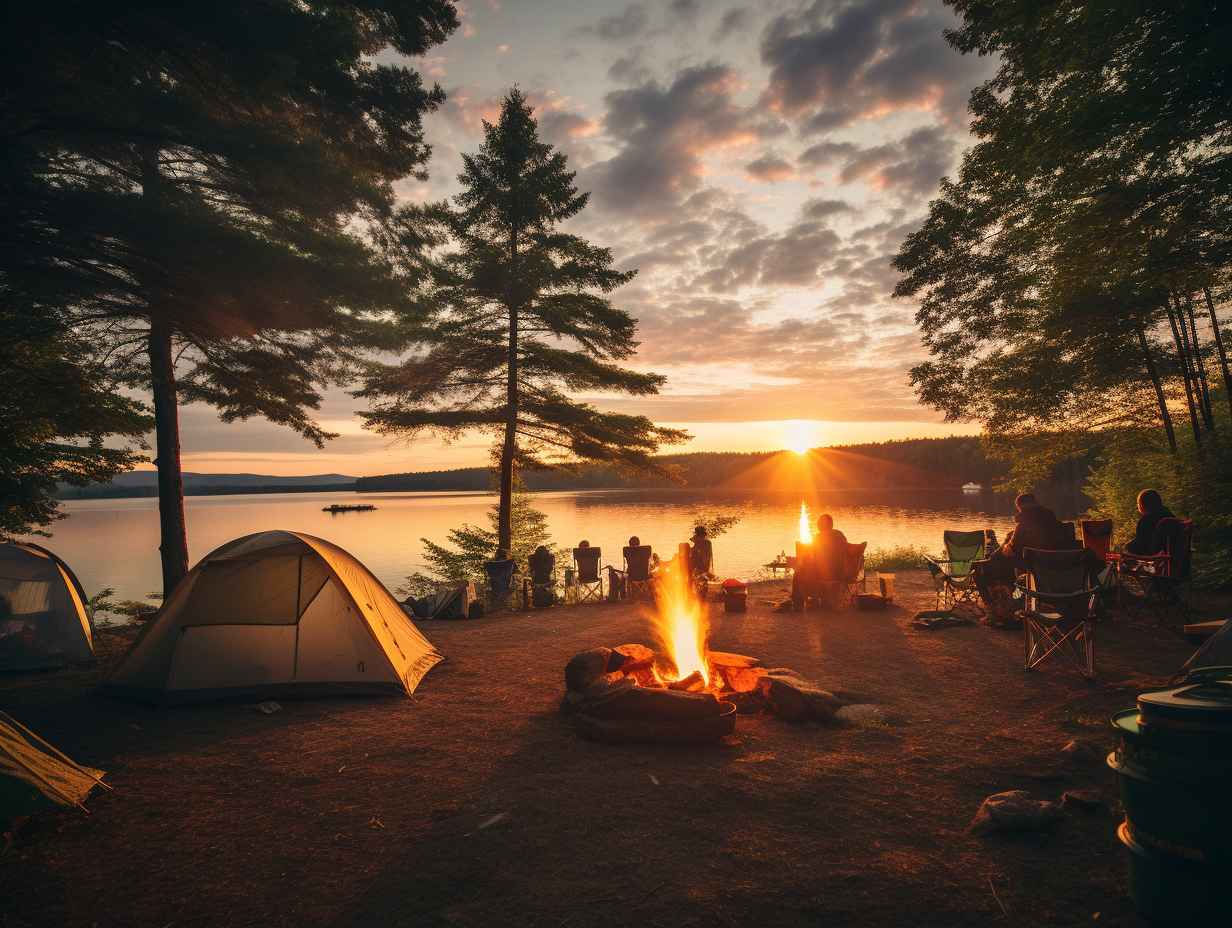 A serene scene of Quebecs Provincial Parks with scattered tents campfires and families immersed in natures embrace