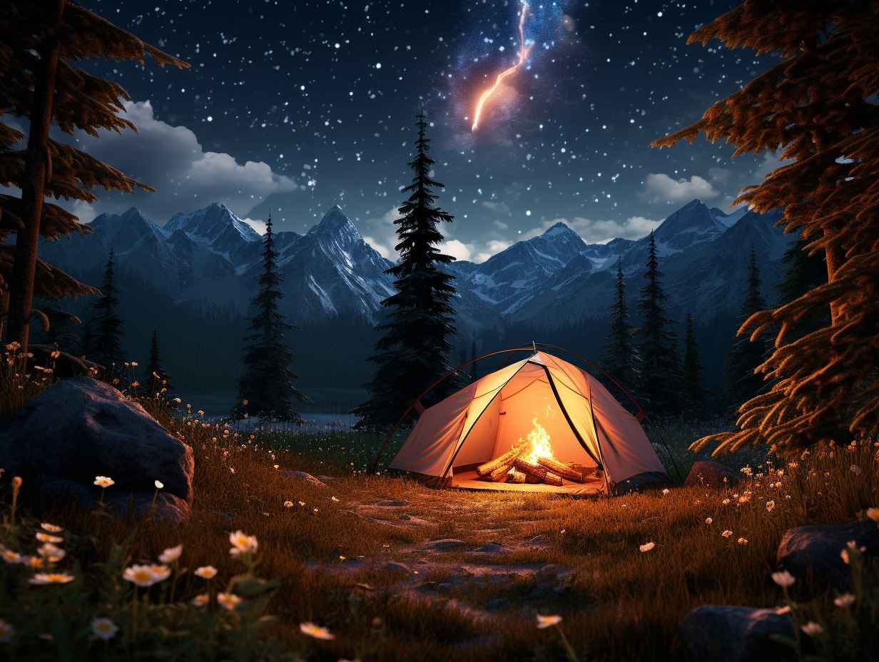 A stunning night sky filled with stars framed by towering pine trees, with a cozy campfire crackling in the foreground and a tent nestled among wildflowers, hinting at an unforgettable camping experience in a National Park.