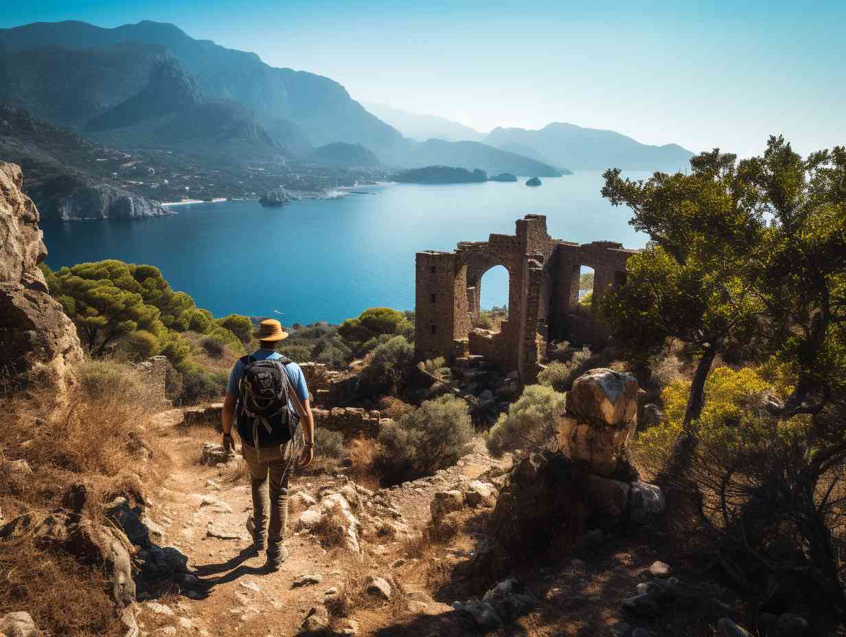 A hiker on the Lycian Way, passing by coastal cliffs and ancient ruins, with picturesque villages and guesthouses in the background.