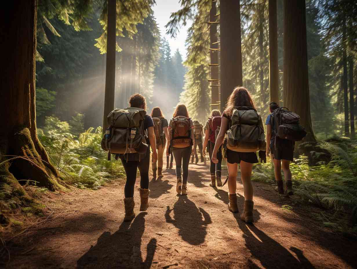 A diverse group of campers hiking through a scenic forest trail showcasing camaraderie and shared experiences