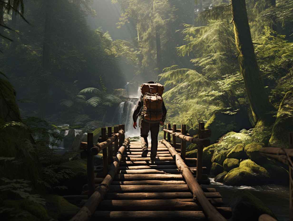 A hiker crossing a wooden bridge over a babbling brook in a lush forest trail