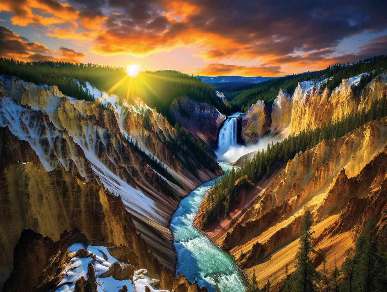 Panoramic view of Yellowstone National Parks snow-capped mountains, geothermal features, lush forests, and tranquil river