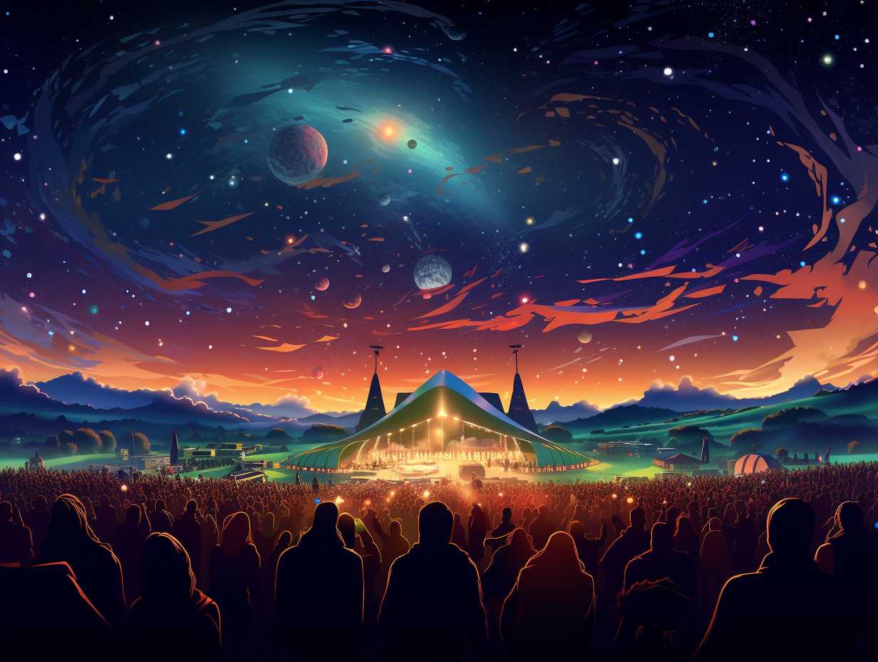 A vibrant music festival stage surrounded by a lush green field, with energetic festival-goers dancing under a starry night sky, and colorful tents dotting the horizon.