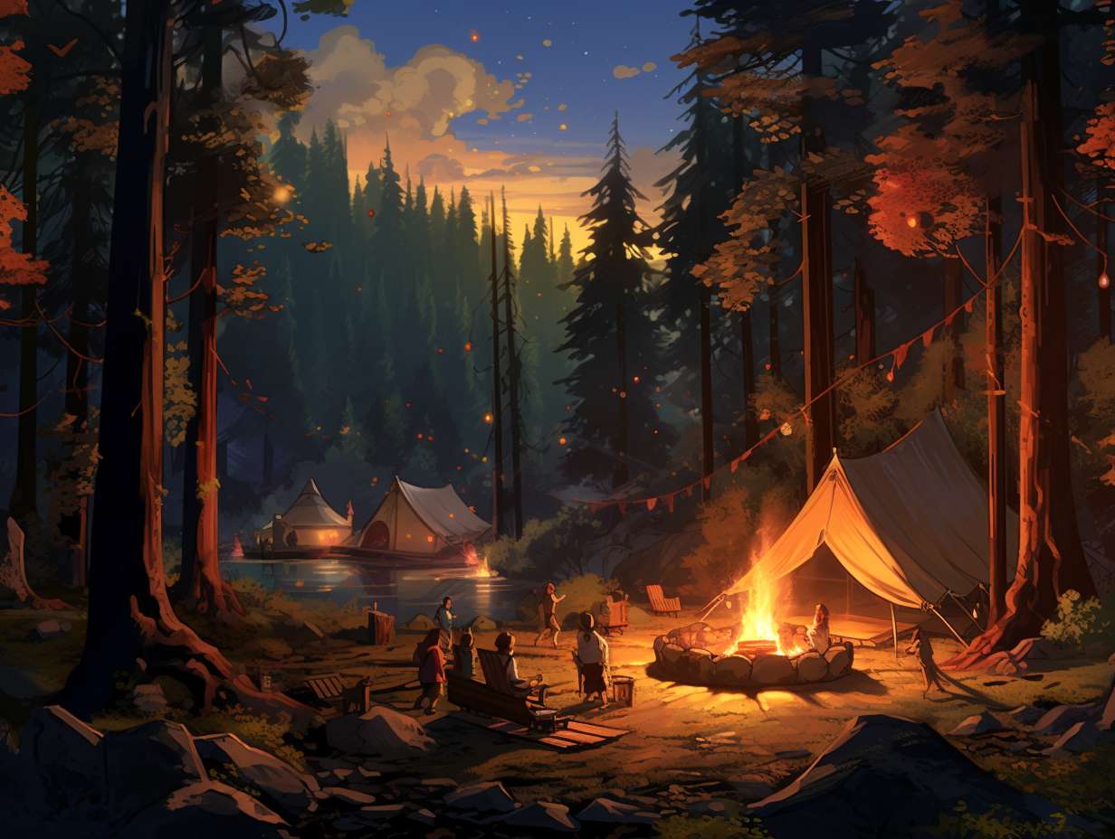 A family roasting marshmallows around a cozy campfire in a wooded camping spot surrounded by colorful tents.