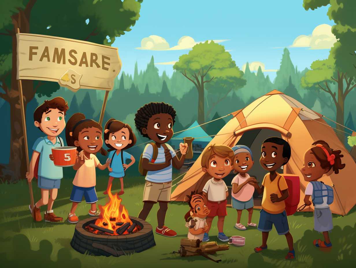 A diverse group of cheerful children engaged in various outdoor activities like swimming, hiking, and roasting marshmallows around a campfire, with a tent in the foreground displaying the acronym FSA.