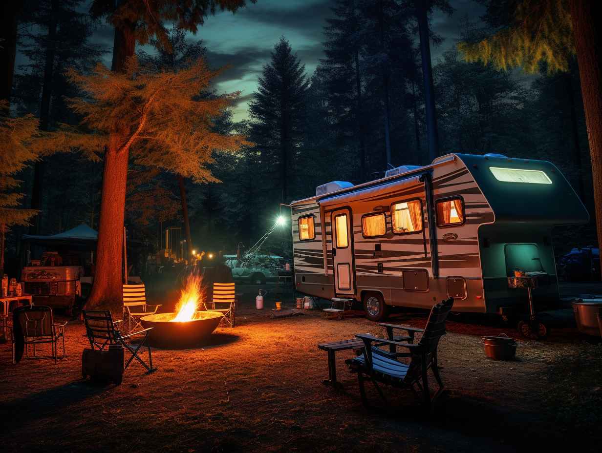 A picturesque RV park nestled amidst lush forests with wellequipped campsites accommodating both RVs and cars Families are seen enjoying outdoor activities and cozy campfires under starry skies