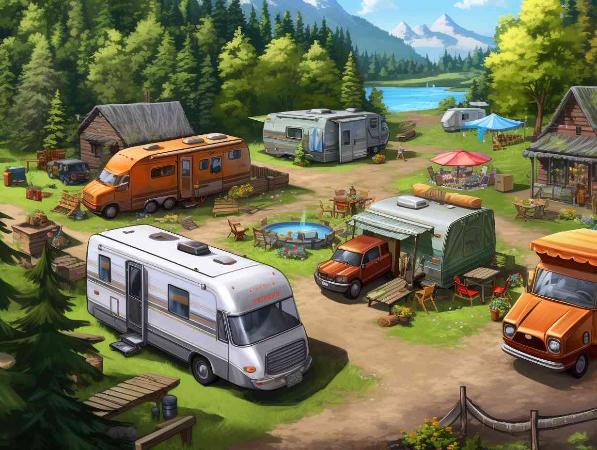 A serene RV park nestled in nature with a diverse array of vehicles comfortably parked alongside campers, creating an inviting atmosphere for car campers to enjoy the amenities.