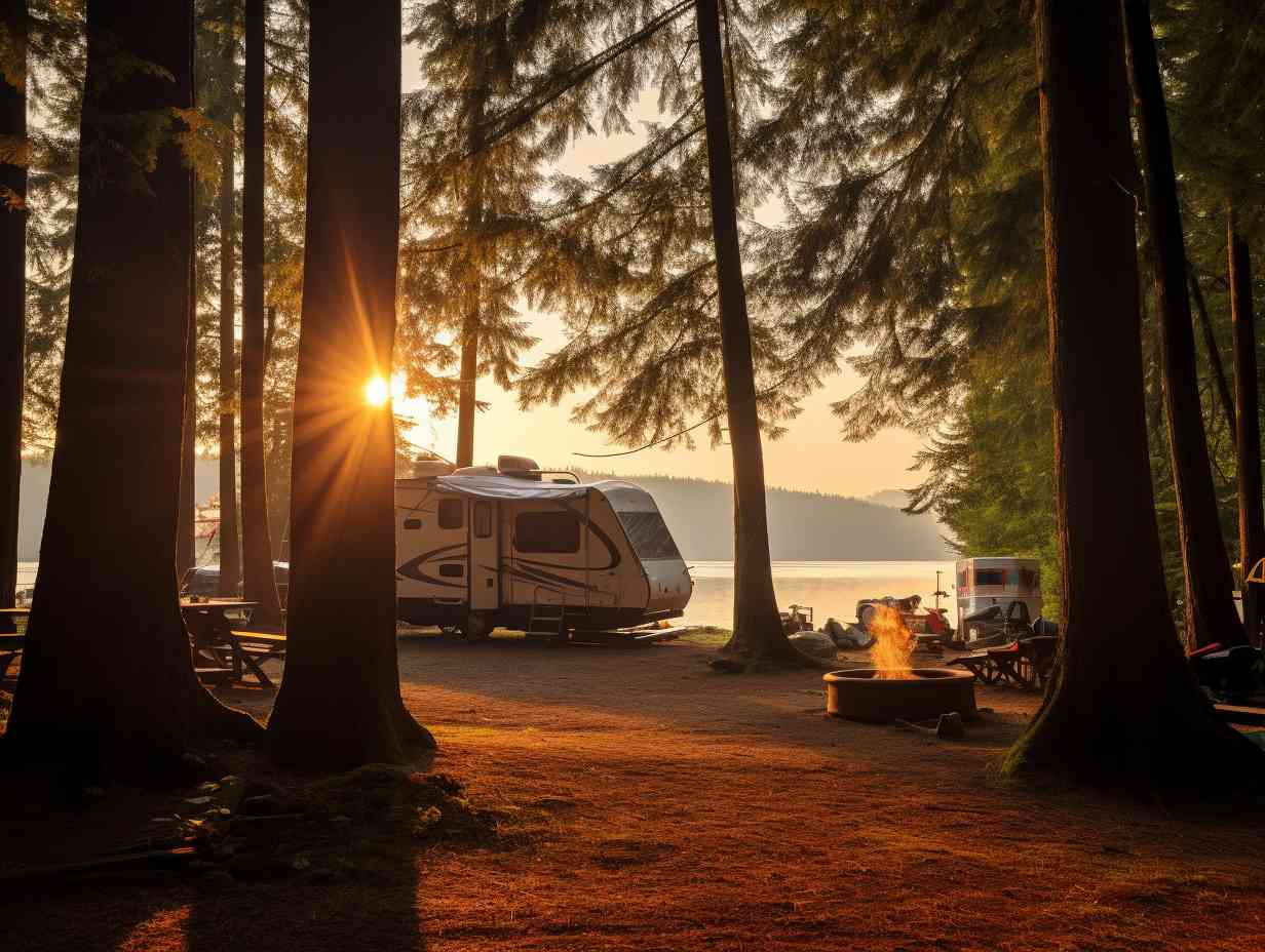 A picturesque state park campground bathed in golden sunlight, with tents and RVs nestled among towering trees and a serene lake backdrop.