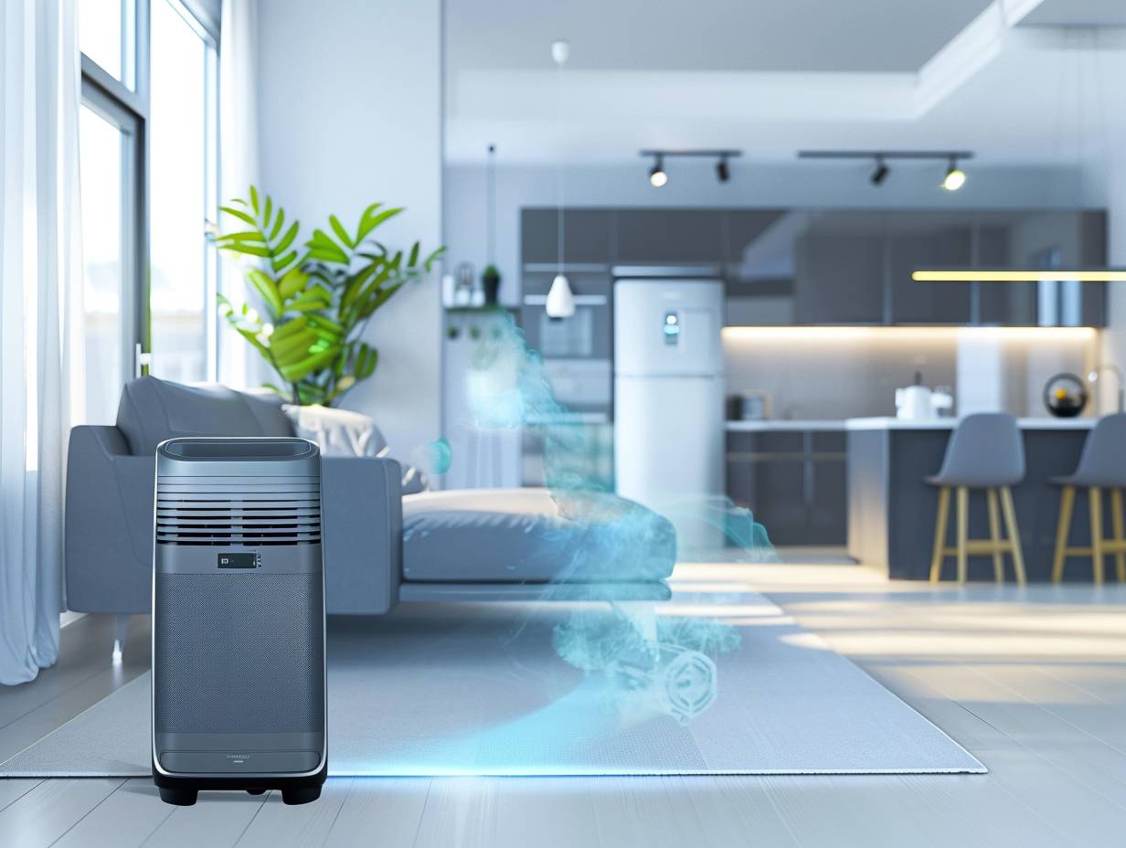 Modern living room with running air purifier and AC unit clean and comfortable atmosphere