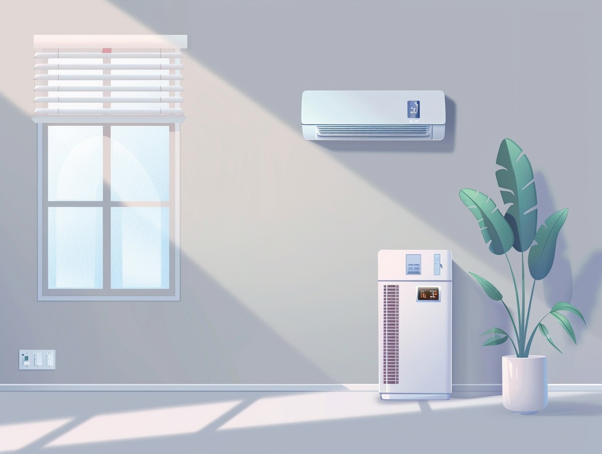 A room with a window AC unit and an air purifier The AC unit is installed in the window on the left side and the air purifier is placed on a table on the right side of the room