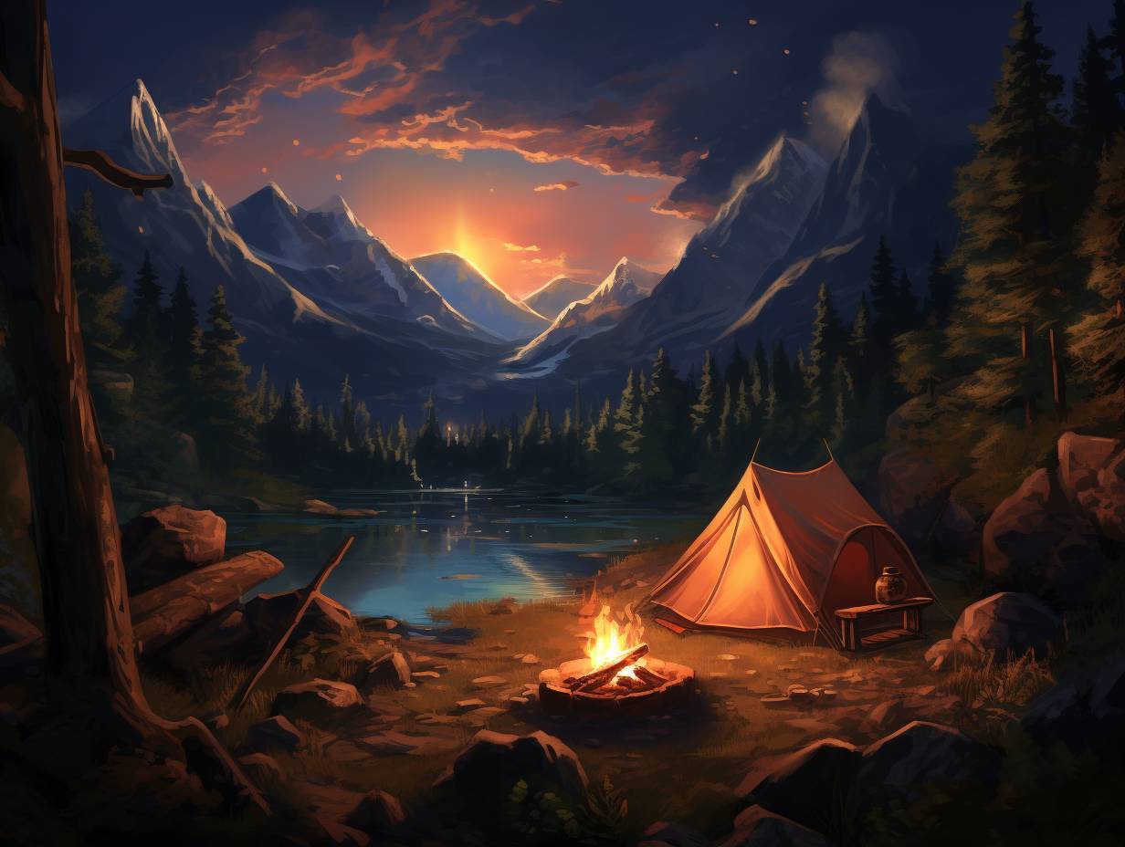 Cozy campfire and tent under the stars with Cabelas store in the background