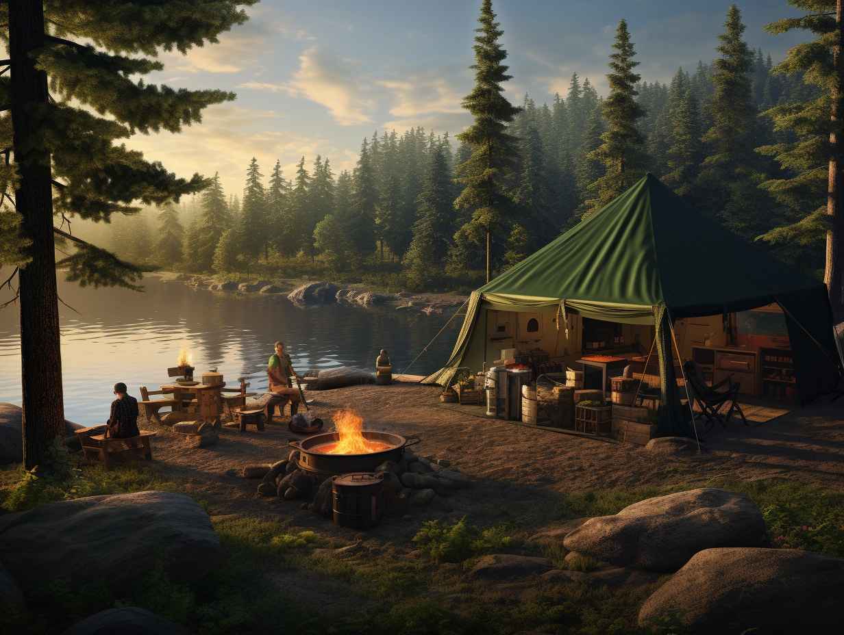 A serene campsite nestled among towering pine trees with a family happily setting up their tent as a Cabelas staff member holding a tablet assists them through the smooth reservation process