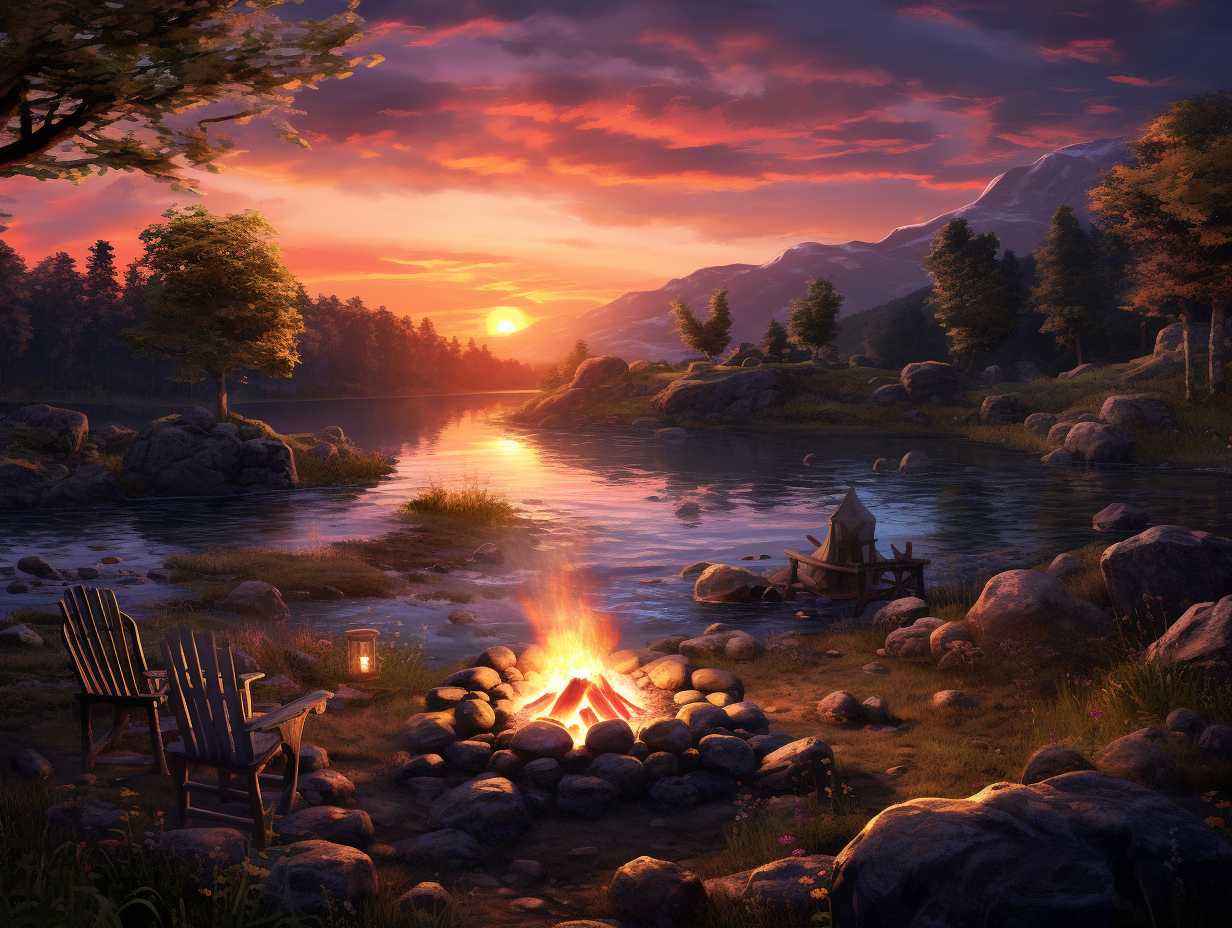 A stunning sunset over an untouched Irish landscape with a cozy campfire happy faces starlit skies and a hidden waterfall nearby