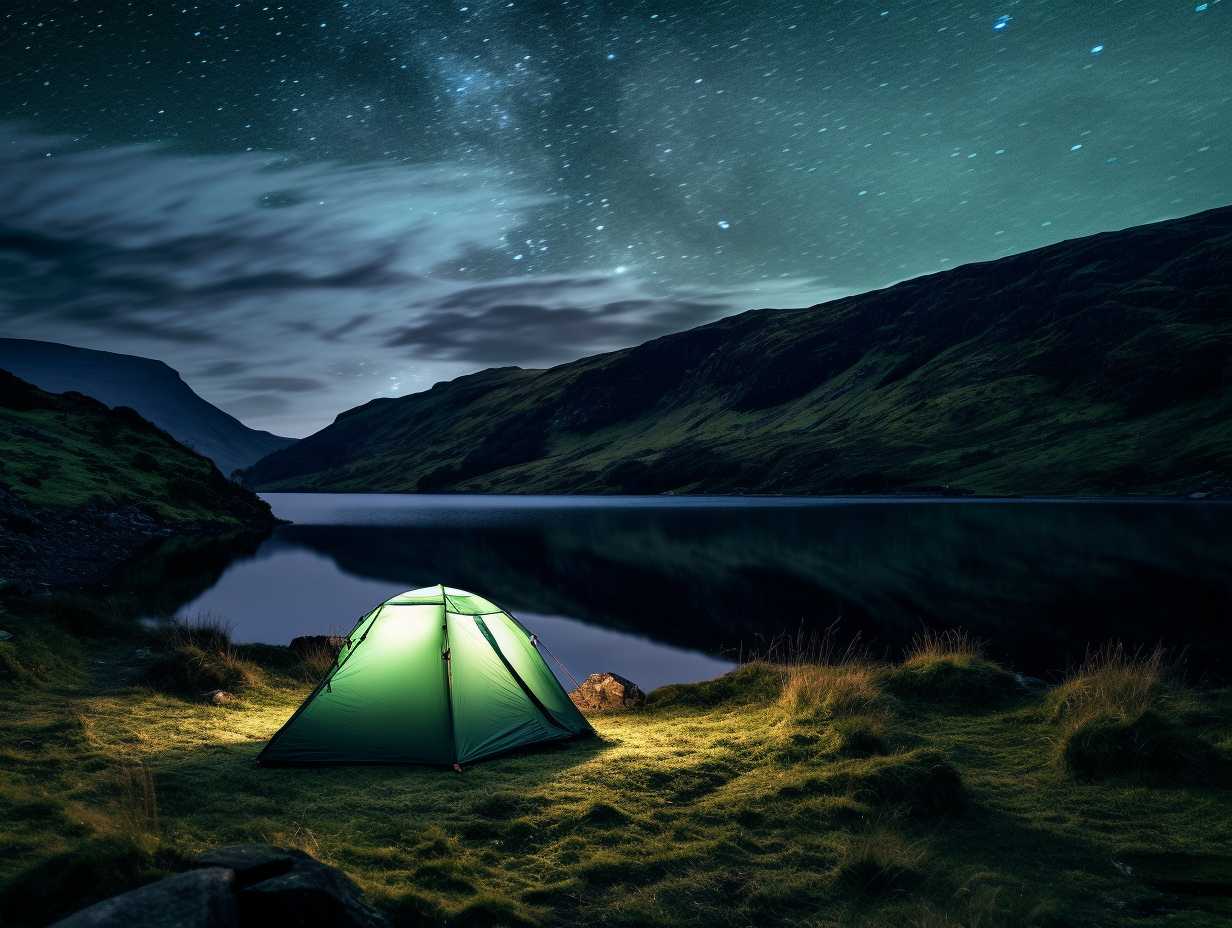 Cozy tent nestled amidst rolling green hills beside a shimmering lake under a starry night sky in Ireland