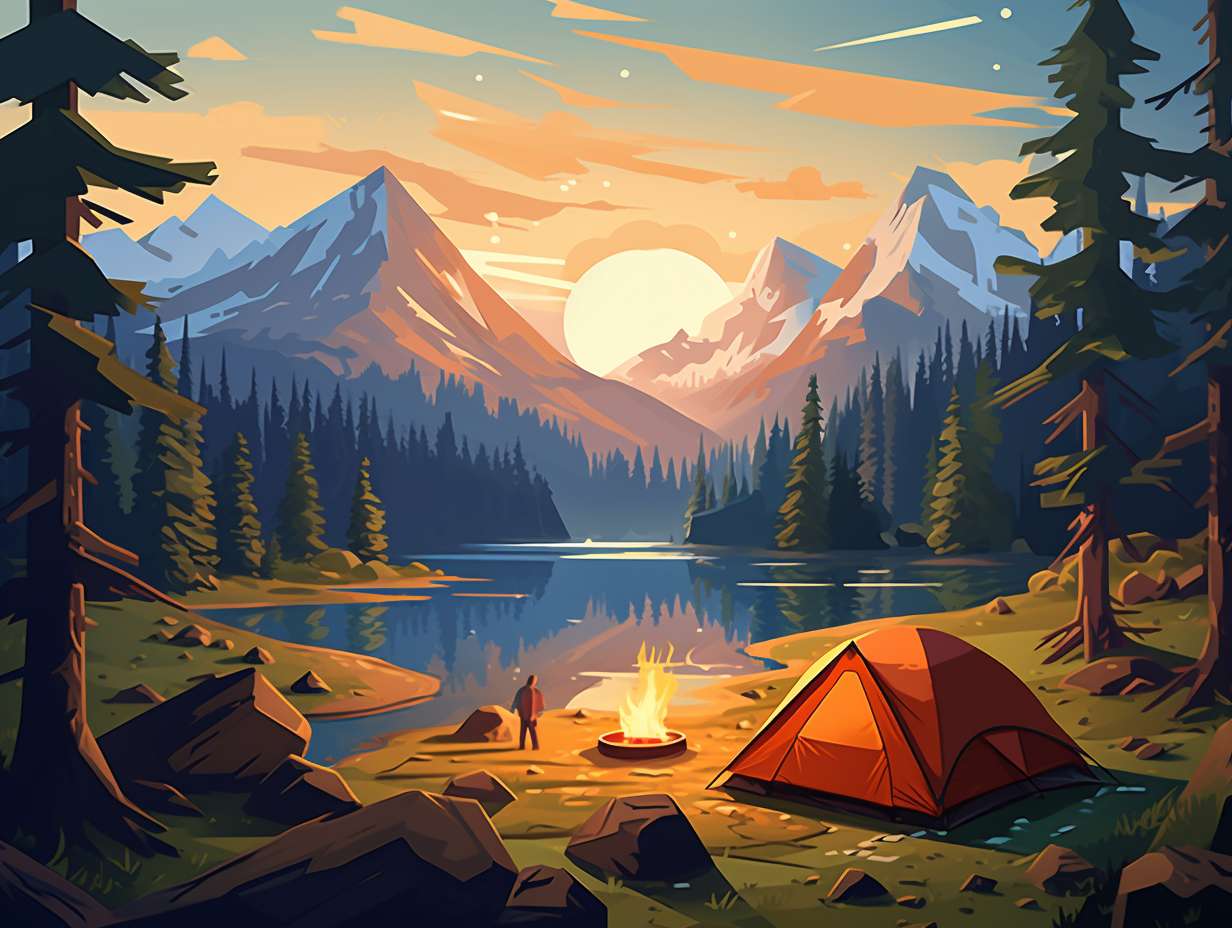 A picturesque national park campsite with a tent nestled among towering trees a crackling campfire and a prominently displayed National Park Pass emphasizing the question of whether it covers camping fees