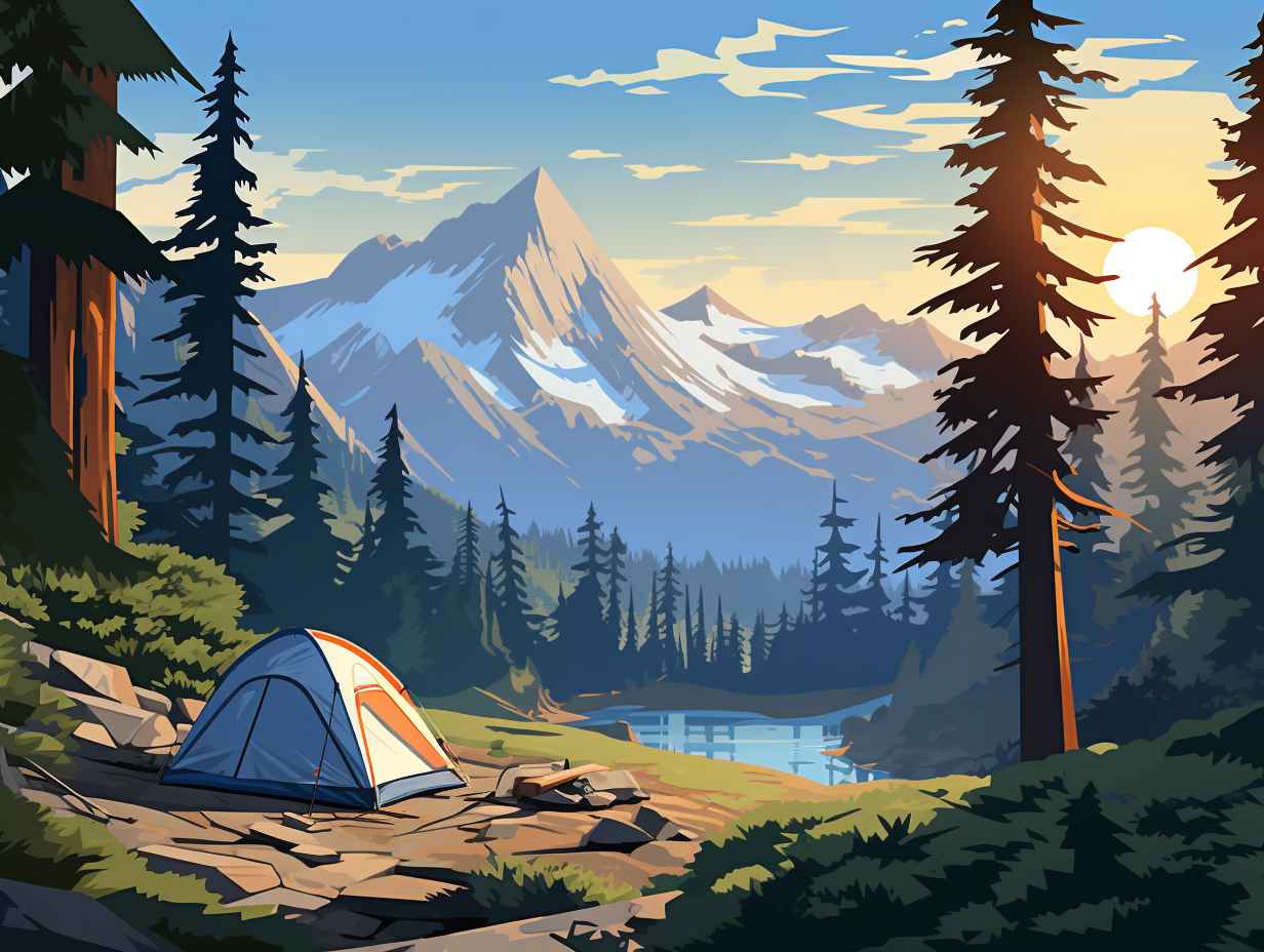 A serene campsite nestled amidst towering pine trees, with a National Park Pass prominently displayed on a tents entrance.