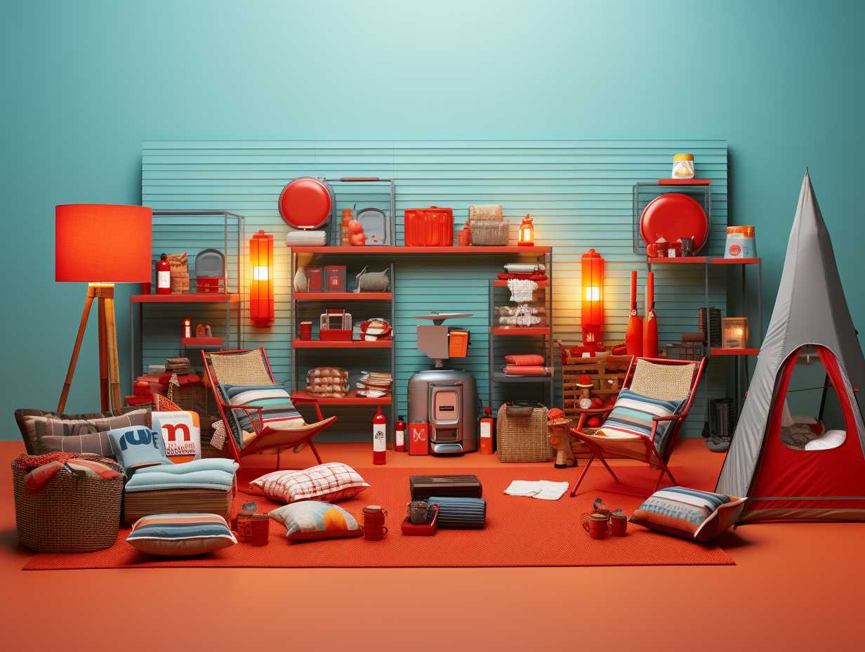 A vibrant display of camping accessories including tents sleeping bags cooking utensils and lanterns at Target