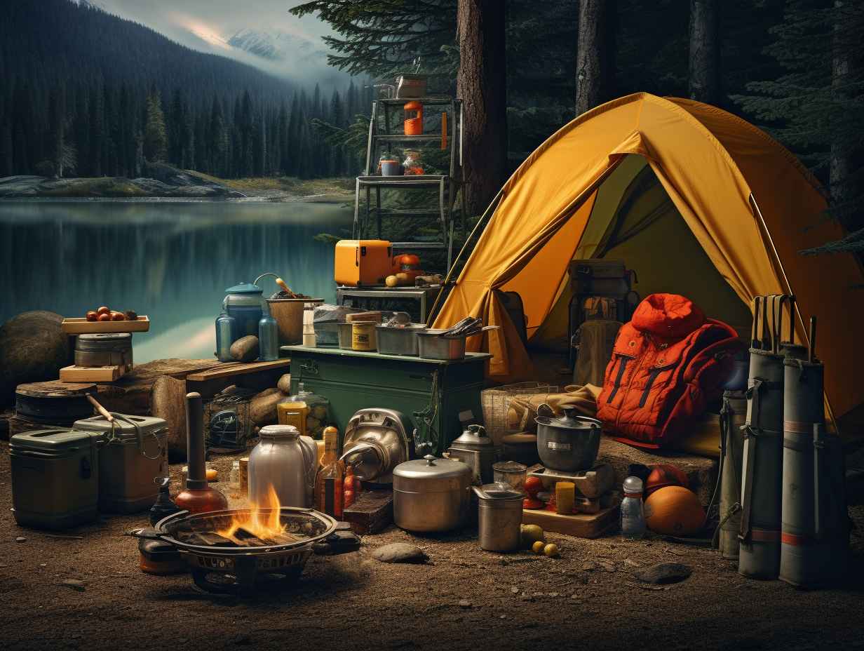 A vibrant outdoor camping scene with high-quality camping gear nestled amidst the serene wilderness.