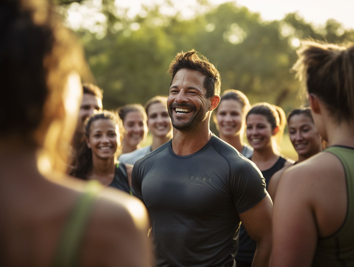 A diverse group of Camp Gladiator trainers leading outdoor fitness sessions in various locations, motivating and guiding participants through challenging workouts.