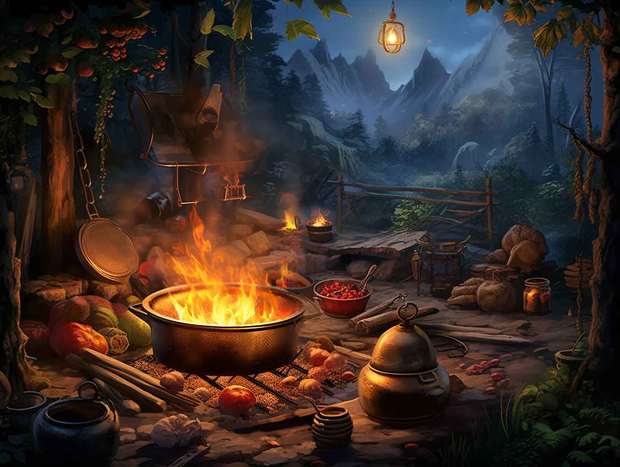 A cozy campfire surrounded by sizzling pots and pans filled with mouthwatering dishes showcasing the importance of heat for cooking and meal preparation during camping