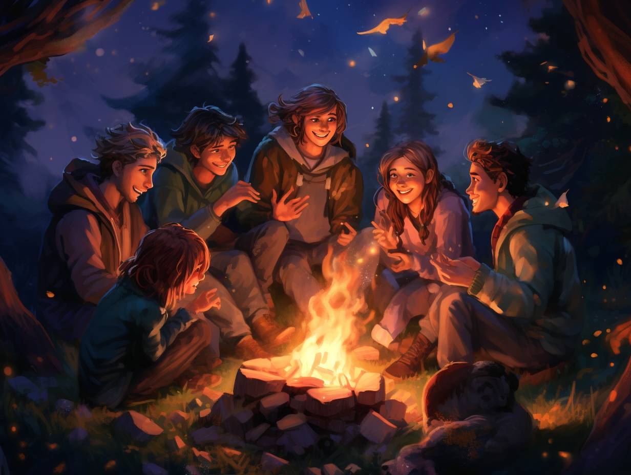 Friends gathered around a campfire, illuminated by its warm glow, under a starry night sky