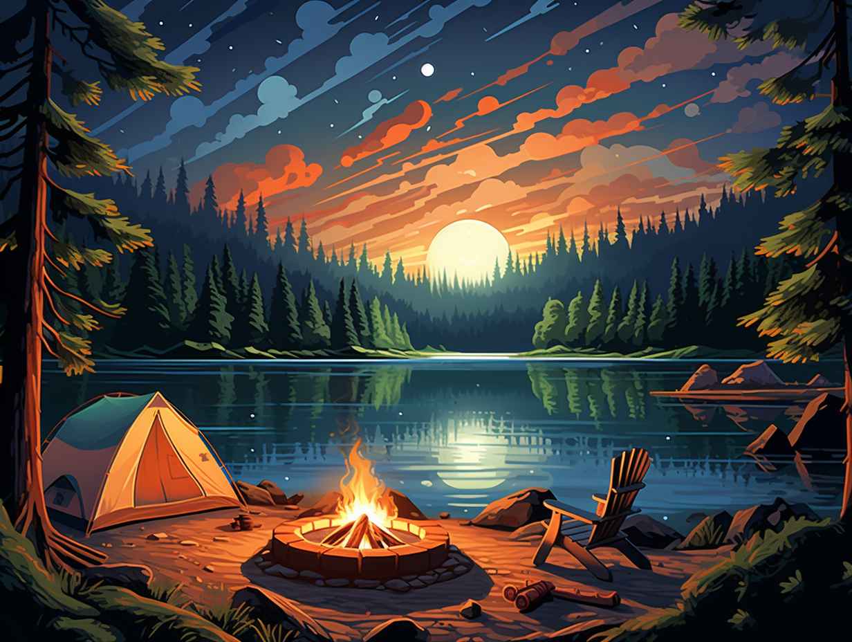 A serene lakeside view with a cozy tent nestled amidst towering pine trees, a flickering campfire, and a family roasting marshmallows under a star-studded night sky.