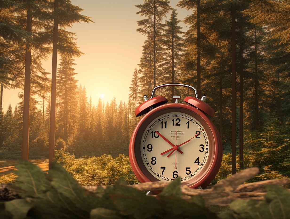 A serene state park campground surrounded by towering pine trees with a digital clock displaying a momentous time