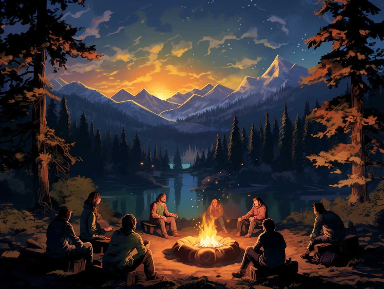 Group of young campers roasting marshmallows around a campfire under a starry night sky in a national park