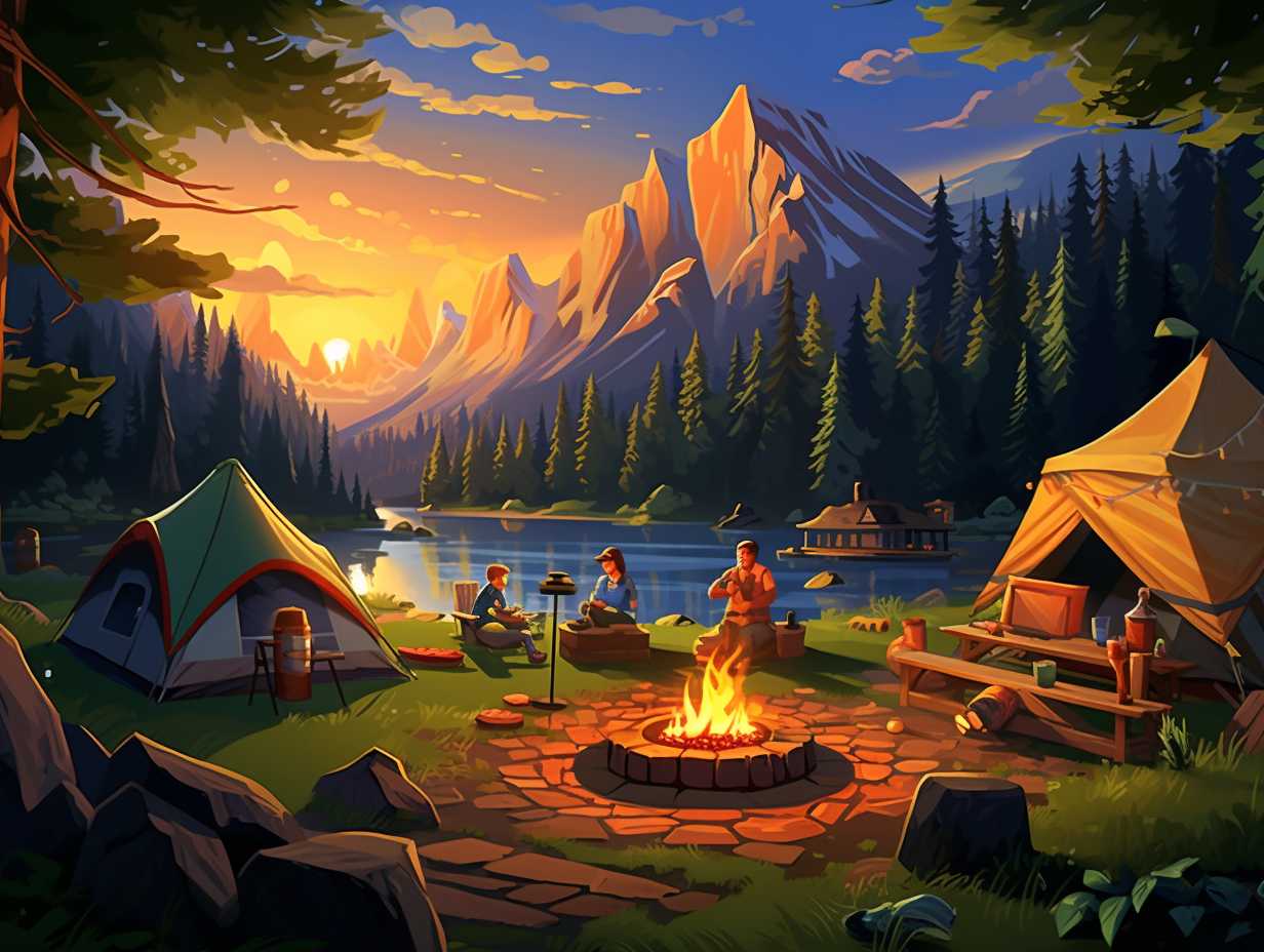 A serene national park landscape with a wellequipped family campsite children engaged in outdoor activities and a crackling campfire