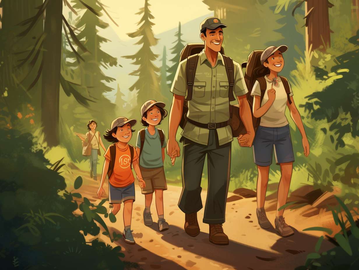 A serene forest landscape with families hiking along wellmarked trails friendly park rangers offering guidance and informative signs highlighting safety precautions such as wildlife awareness proper hiking gear and emergency contact information