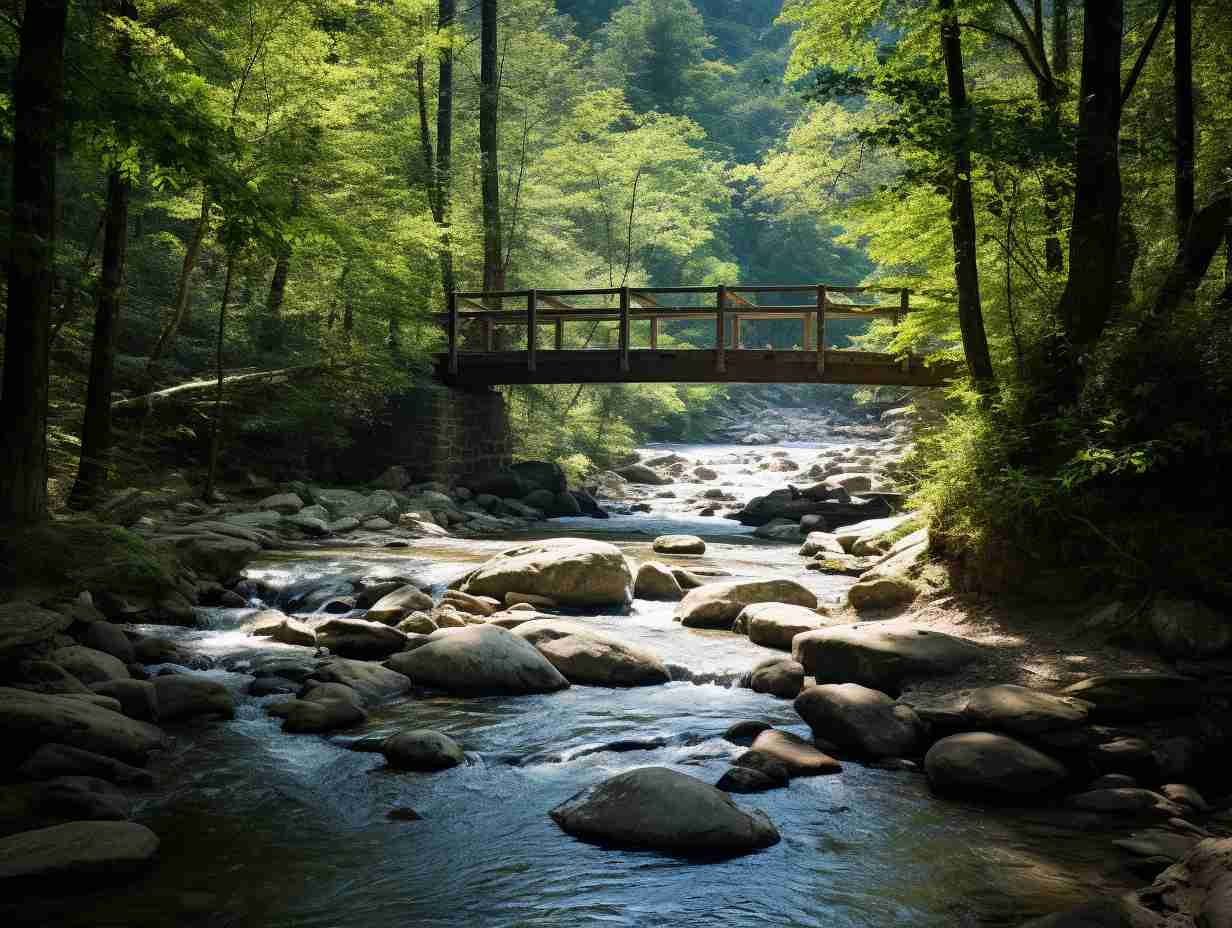 Serene mountain landscape with a crystal-clear creek, lush forests, and a sturdy wooden bridge crossing the creek.