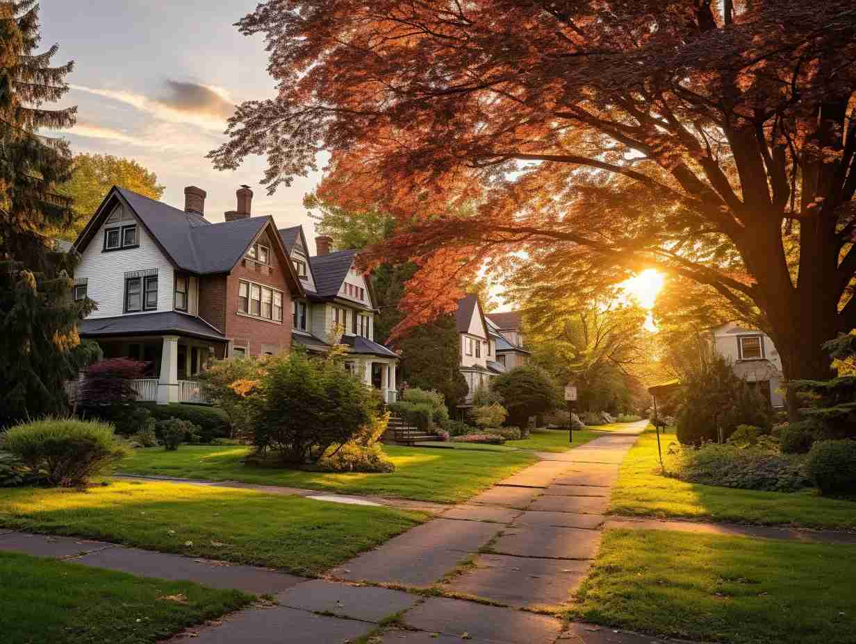 Serene neighborhood in Camp Hill, PA with well-maintained houses and lush green lawns during golden hour