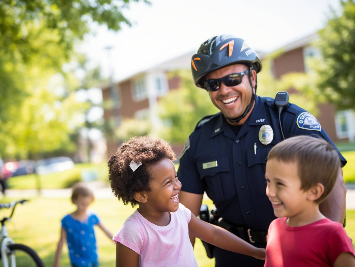 A vibrant and diverse Camp Springs neighborhood with friendly community police officers engaging with residents while children play safely in a wellmaintained park highlighting the success of local safety initiatives