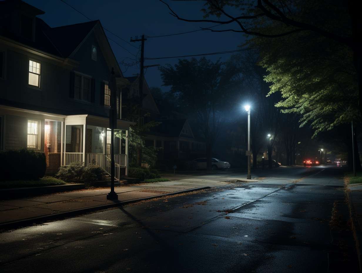 A quiet suburban street in Camp Springs Maryland illuminated by a warm streetlamp with a home security sign subtly visible