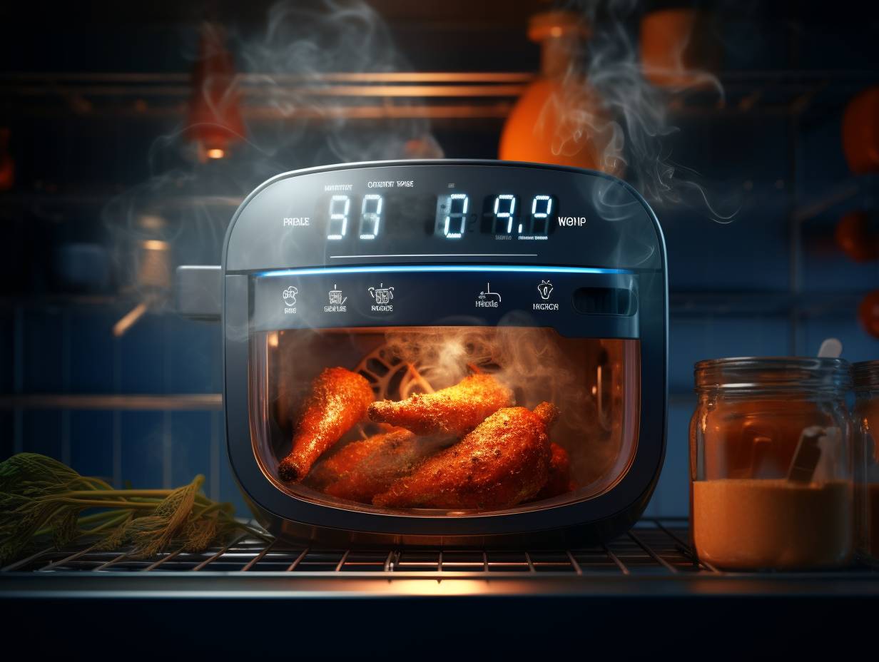 An air fryer with digital timer and temperature control cooking a perfectly cooked dish in a smokefree environment