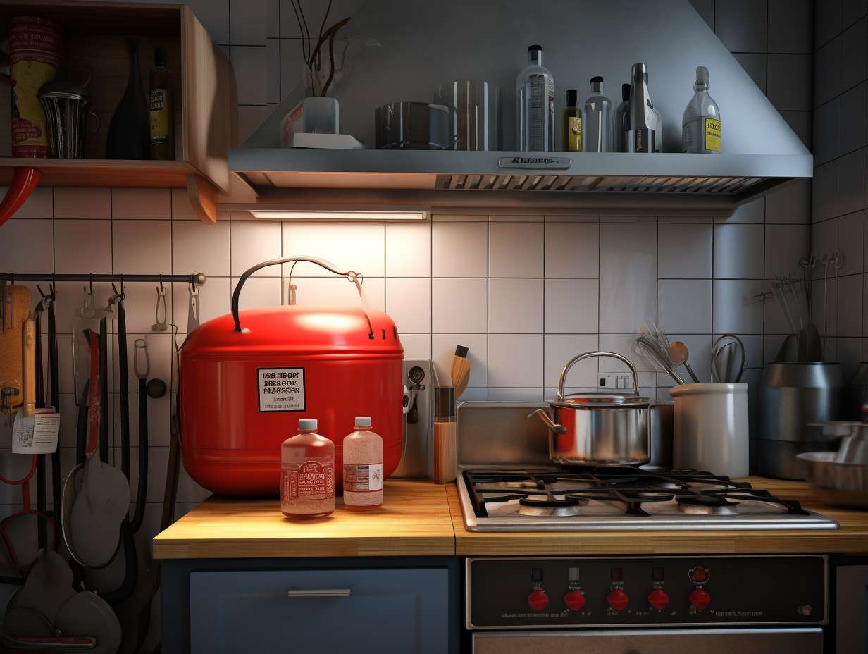 Neat and organized kitchen with air fryer, fire extinguisher, and smoke detector