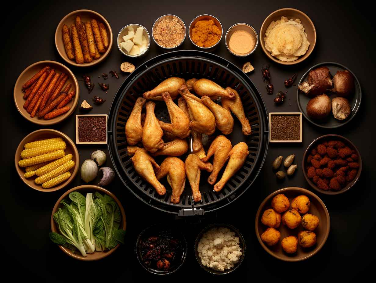 Neatly arranged air fryer basket filled with food just below maximum capacity line