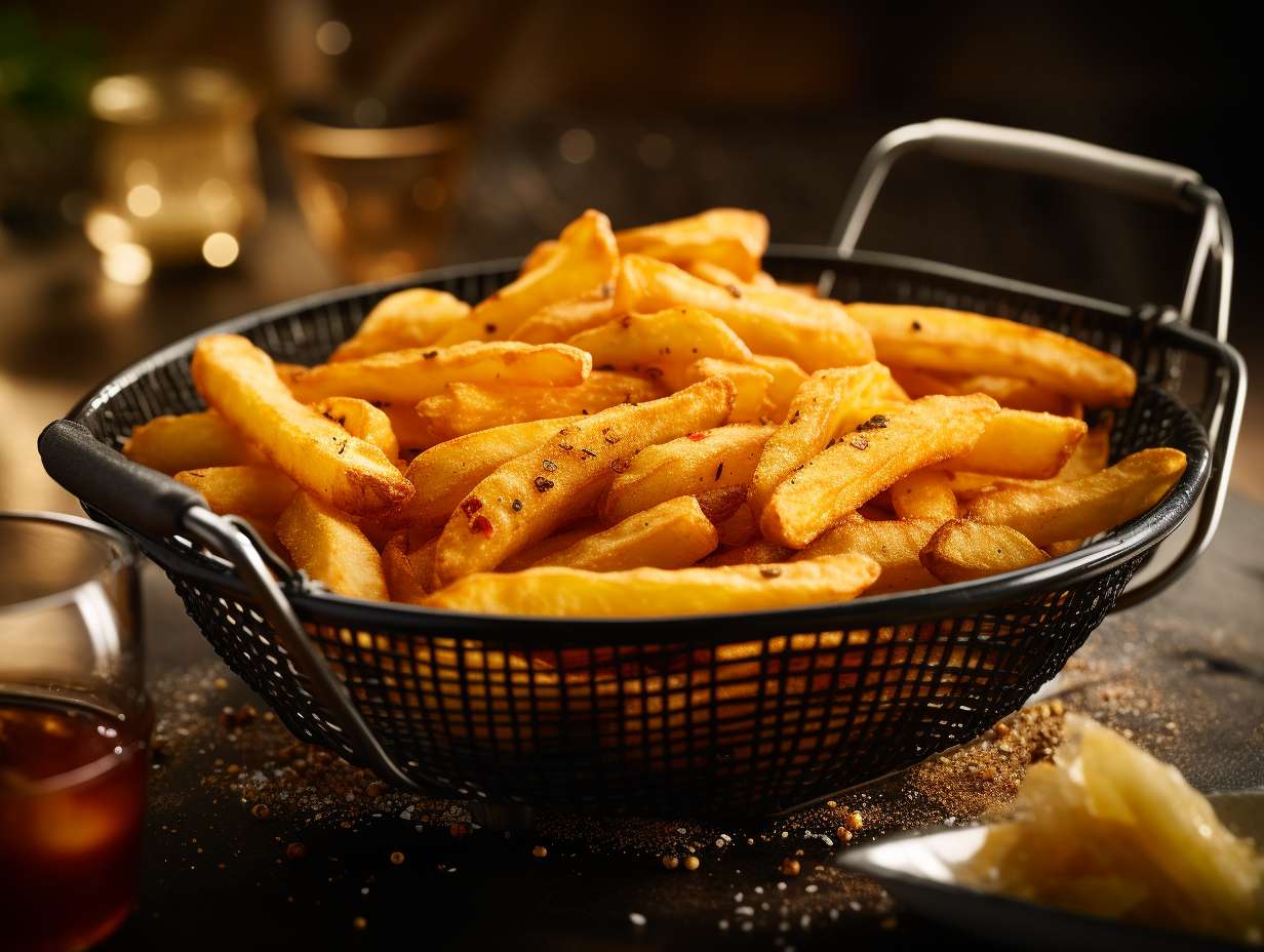 A nonstick air fryer basket filled with crispy golden fries easy to remove and clean with no food residue sticking to it