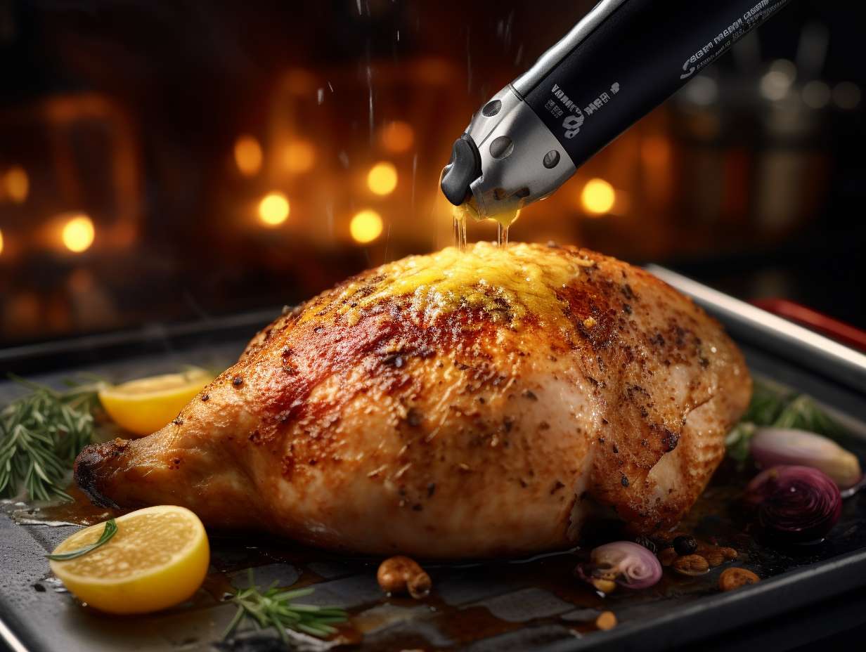 A perfectly cooked juicy chicken breast being pierced by a digital meat thermometer with an air fryer in the background