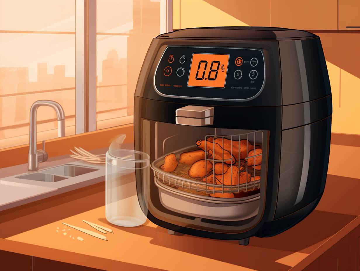 Person preheating the air fryer by setting the temperature and time on the control panel with the appliance emitting heat