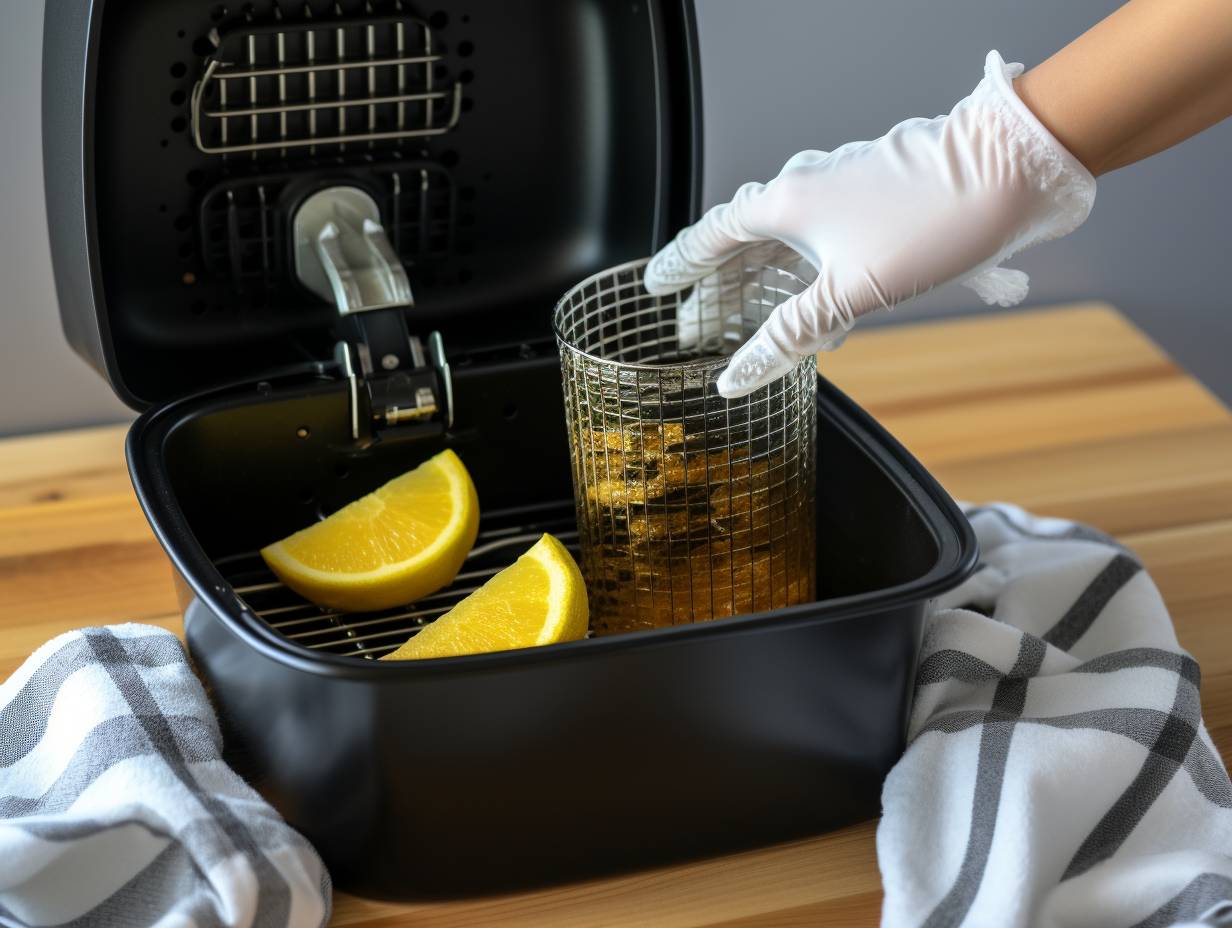 Cleaning an air fryers removable parts under warm soapy water with a scrub brush and dishcloth