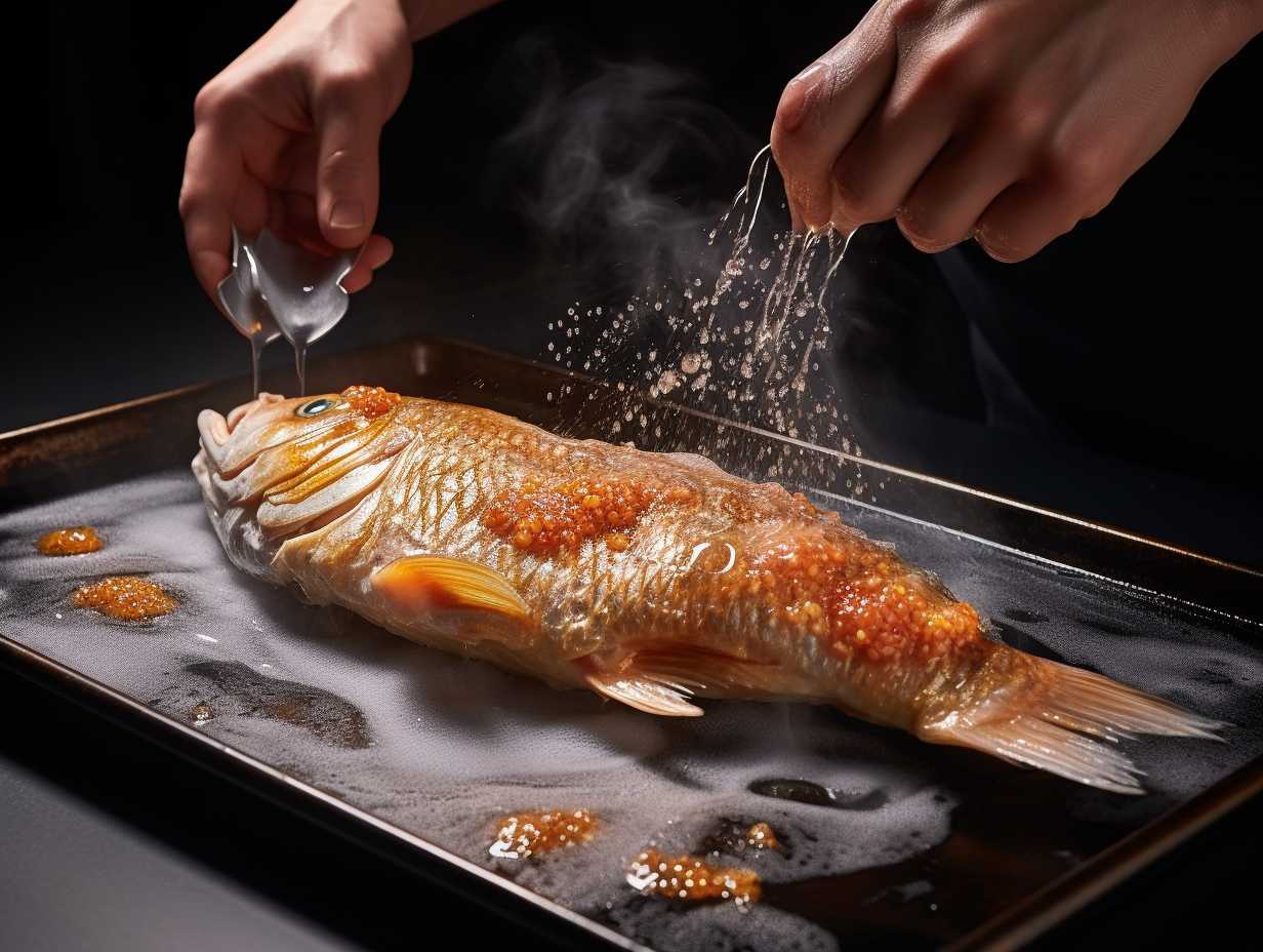 A piece of fish being evenly coated with a thin layer of oil or cooking spray before air frying to prevent sticking