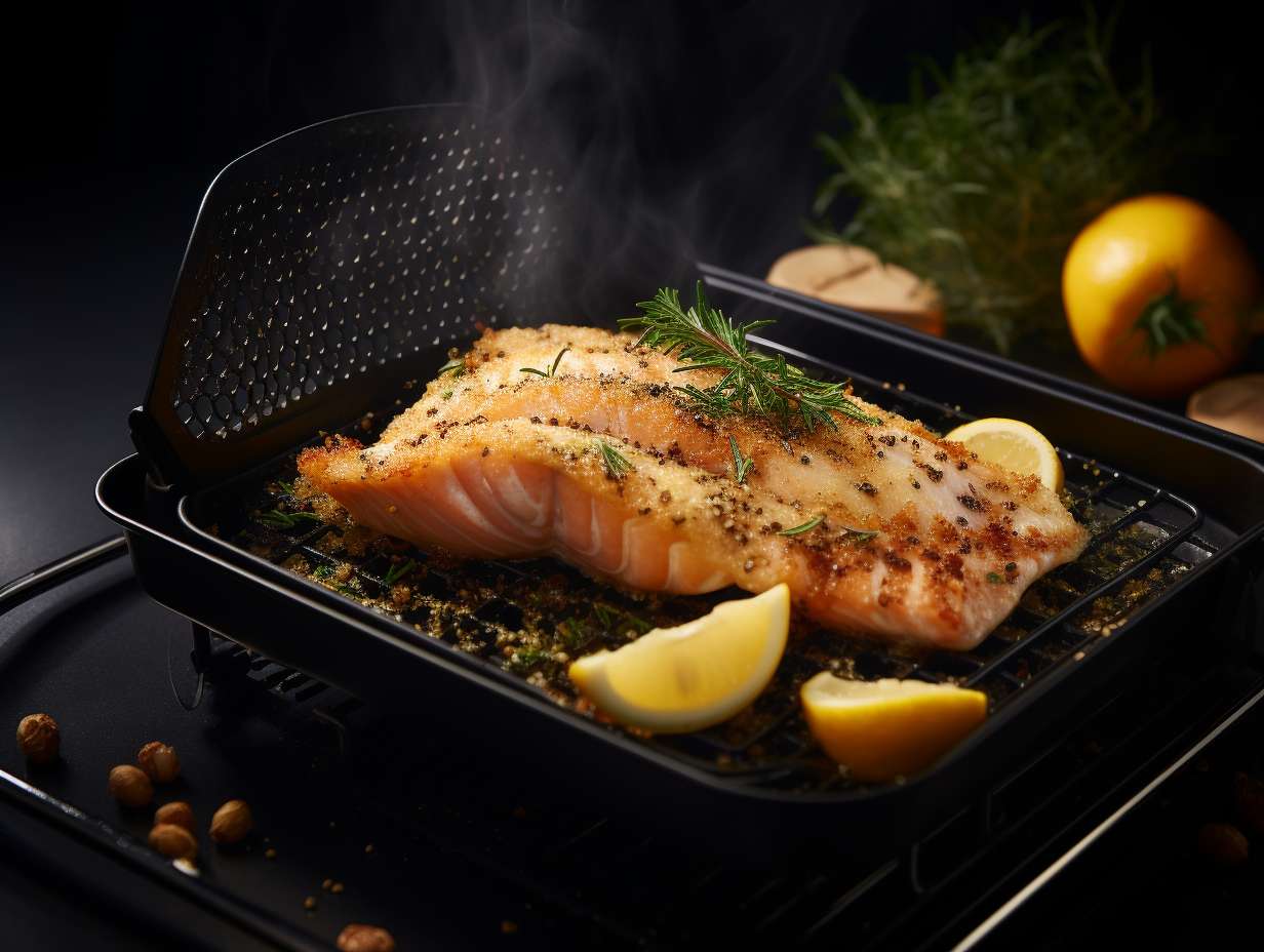 A perfectly golden, non-stick fillet of fish being lifted from an air fryer basket, with a crisp exterior and tender, juicy interior.