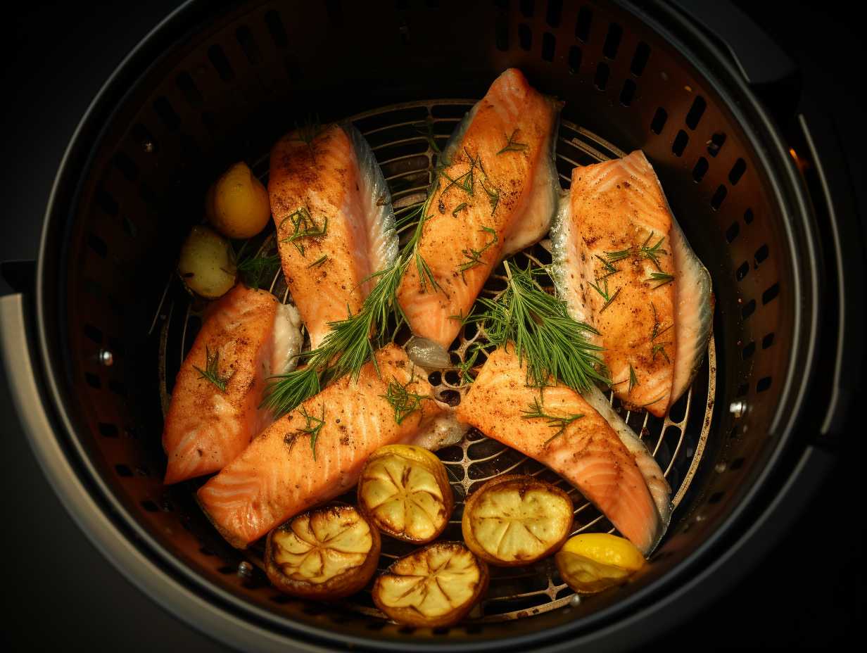 Neatly arranged fish fillets in an air fryer basket with ample spacing to prevent sticking