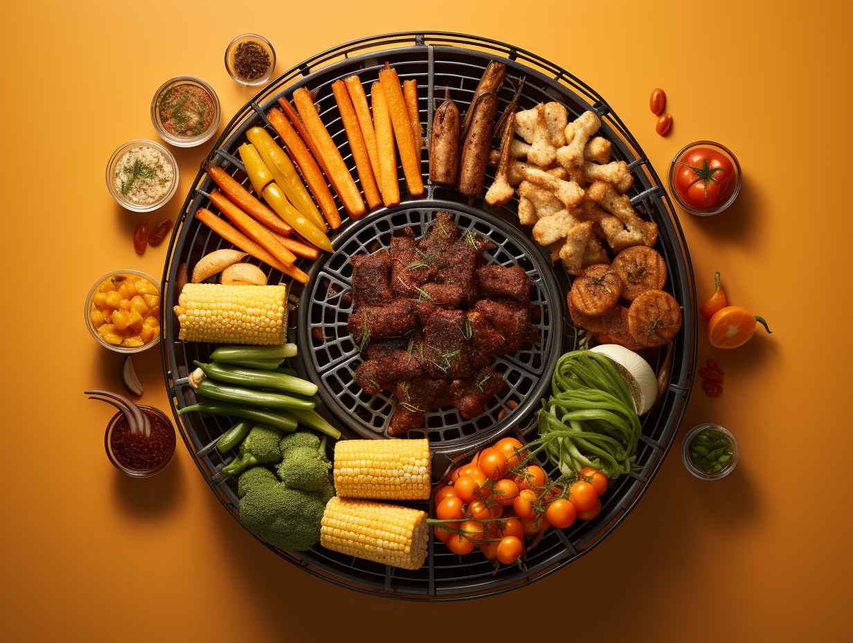 Air fryer basket filled with perfectly arranged evenly spaced ingredients to avoid overcrowding