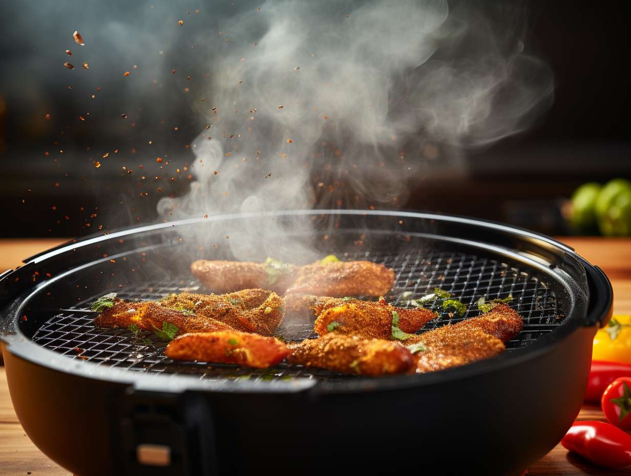 Closeup of a splatter guard neatly covering the air fryer basket to prevent oil splatters during cooking