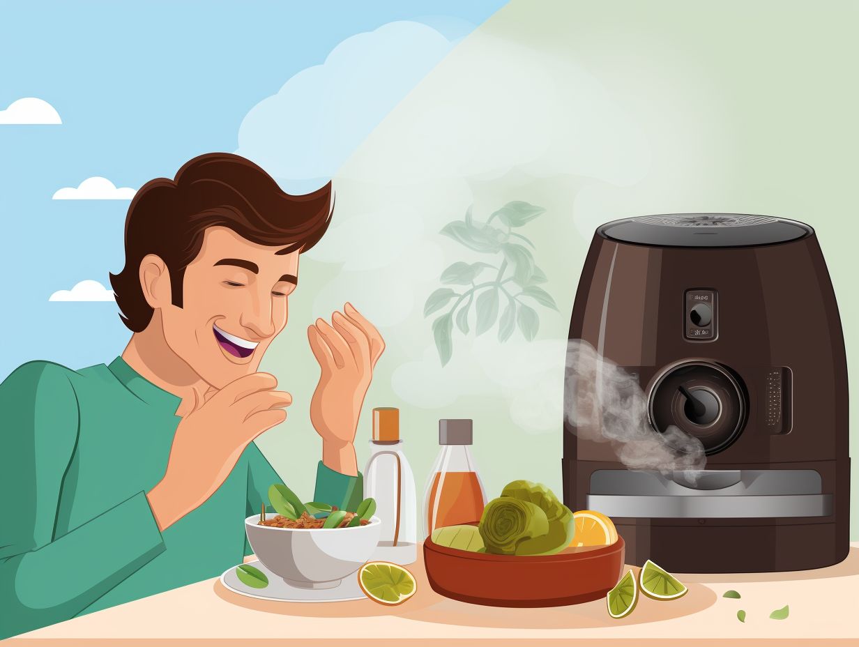 A person confidently using an air fryer in a well-ventilated kitchen, cooking delicious food without any smoke.