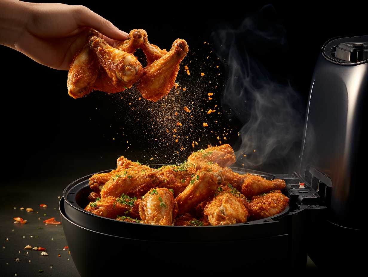 Person flipping a deliciously crispy chicken drumstick midair to showcase even cooking in an air fryer