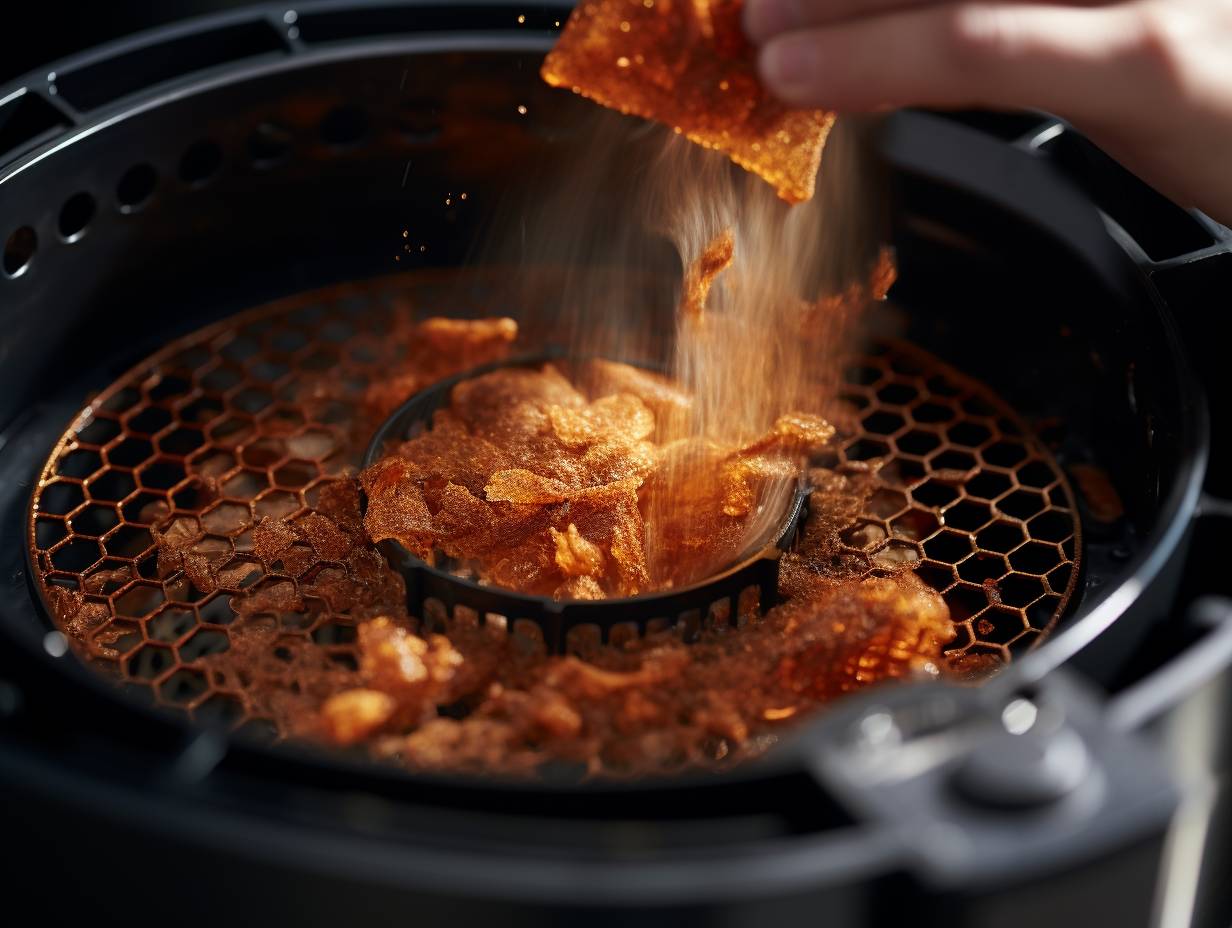 Closeup of a dirty air fryer filter being removed and cleaned to showcase the buildup of sticky residue emphasizing the importance of regular maintenance for optimal performance