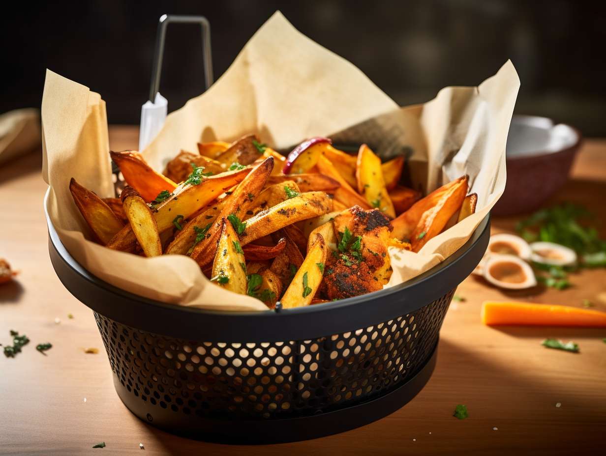 Air fryer basket lined with parchment paper or aluminum foil showcasing perfectly cooked food without any residue or stickiness